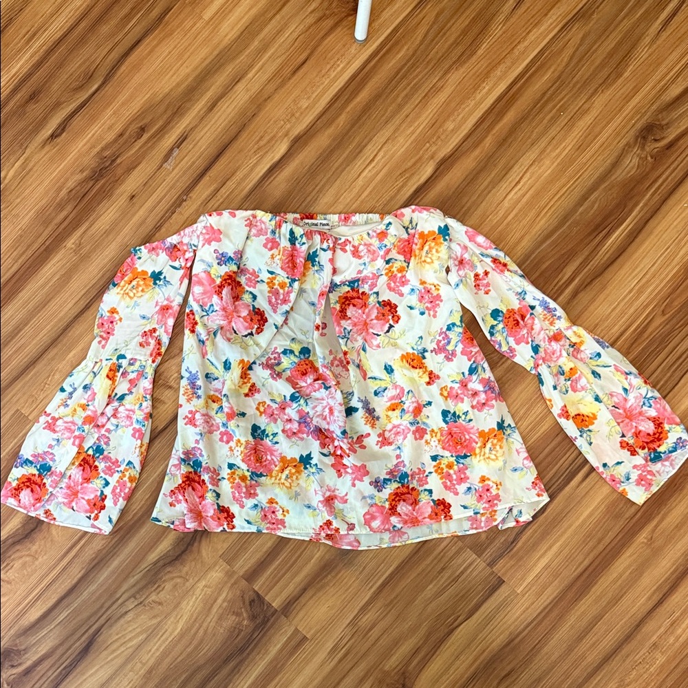 Floral Bell Sleeve Blouse - Cream and Pink